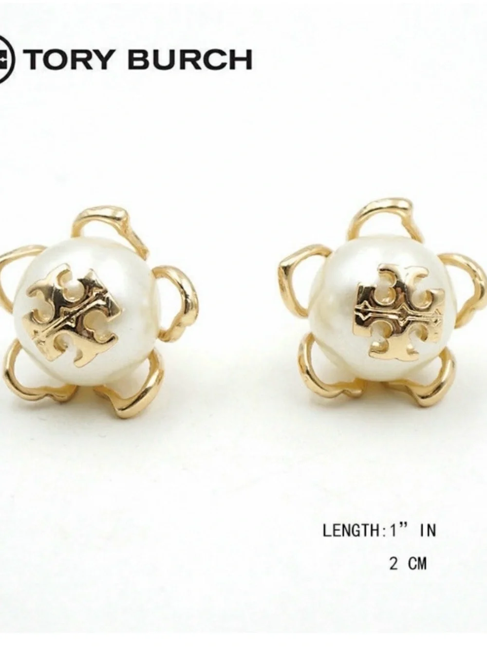 Tory Burch Gold-Tone Logo Pearl Flower Stud Earrings
